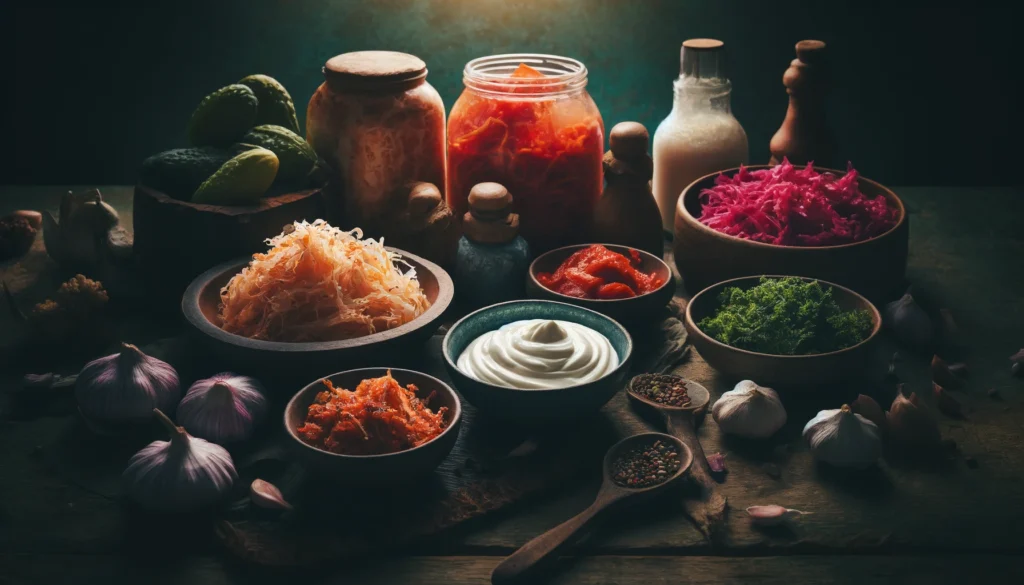 A colorful array of fermented foods including sauerkraut, kimchi, and homemade yogurt