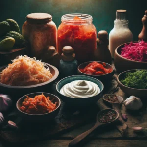 A colorful array of fermented foods including sauerkraut, kimchi, and homemade yogurt