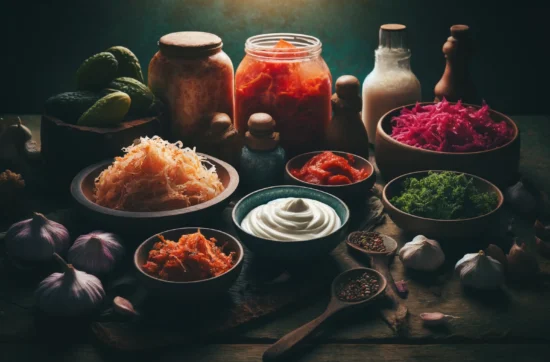 A colorful array of fermented foods including sauerkraut, kimchi, and homemade yogurt